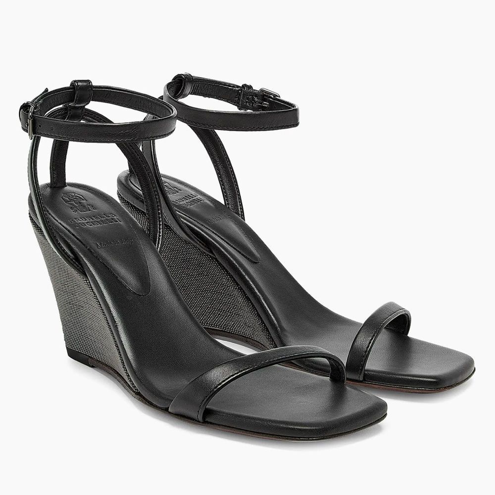 Brunello Cucinelli Monili Embellished Strappy Wedge Leather Sandals size 36